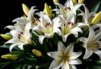 Elegant white lilies arranged in a lush bouquet,  bloom,  close-up