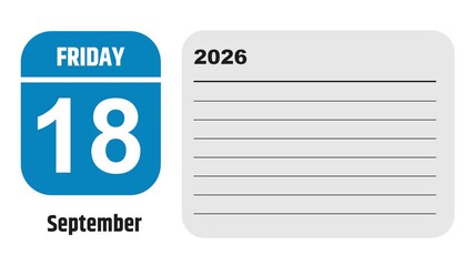 September 18, 2026: Animated 2029 planner showcasing September calendar, highlighting September 18th with space for tasks, notes, and to-do lists.