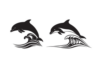 Two black dolphins leaping out of stylized ocean waves