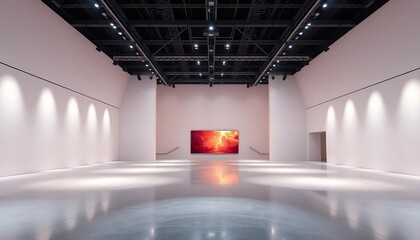 Empty modern exhibition hall with spotlights, blank walls, fair, background