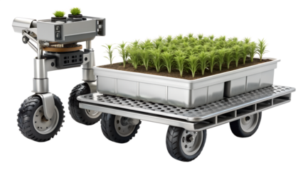 Robotic cart with plants isolated on transparent background, representing modern agricultural technology