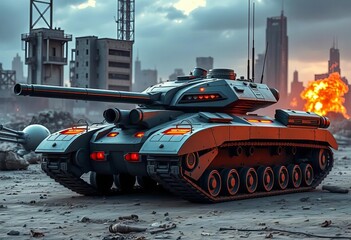Futuristic tank, sleek design, city ruins backdrop,  futuristic city,  steel