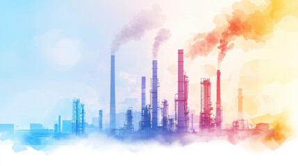 Obraz premium Colorful silhouette of industrial smokestacks emitting smoke against gradient background, symbolizing pollution and industry