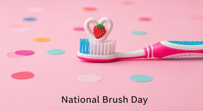 A pink toothbrush with a heart-shaped head and a strawberry design rests on a pink background scattered with colorful dots. Celebrating National Brush Day.