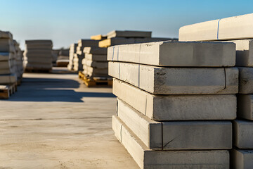 Stacks of precast concrete elements under a clear blue sky, awaiting construction or landscaping, set on a vast concrete area. The scene evokes industrial efficiency and order.