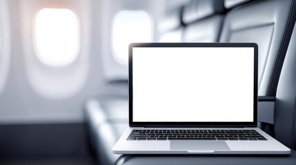 Fototapeta premium Laptop mock up with blank screen placed on airplane seat, showcasing modern travel workspace with soft lighting and airplane windows in the background