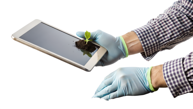 Hands in gloves holding a tablet with a sprout growing out of the screen isolated on transparent background