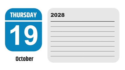 October 19, 2028: Animated 2025 planner showcasing October calendar, highlighting October 19th with space for tasks, notes, and to-do lists.