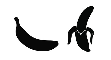 Obraz premium Two black silhouette bananas, one peeled, isolated on white background