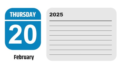 February 20, 2025: Animated 2029 planner showcasing February calendar, highlighting February 20th with space for tasks, notes, and to-do lists.