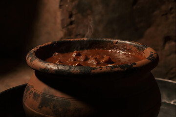 Steaming pot of traditional stew in an earthenware vessel