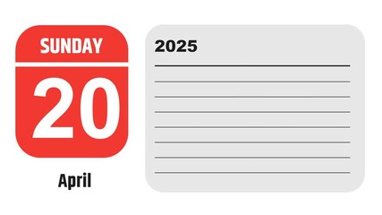 April 20, 2025: Animated 2029 planner showcasing April calendar, highlighting April 20th with space for tasks, notes, and to-do lists.