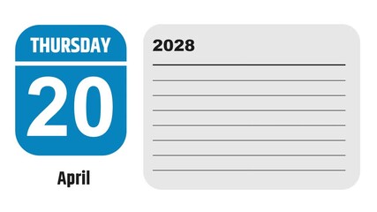 April 20, 2028: Animated 2026 planner showcasing April calendar, highlighting April 20th with space for tasks, notes, and to-do lists.