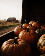 Harvesting pumpkins in a rustic farm setting during sunset