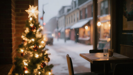 Christmas tree adorned with lights in cozy cafe during snowfall