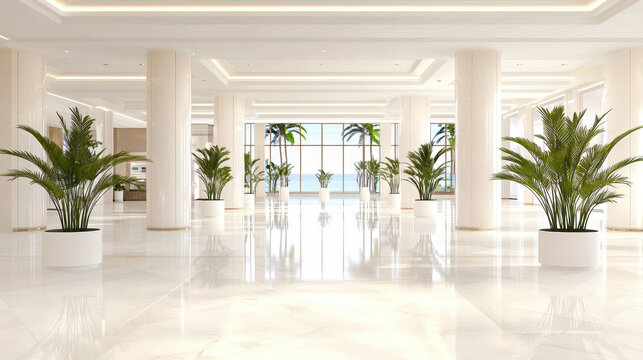 Luxurious lobby interior with marble flooring, large windows, and tropical plants creating serene atmosphere