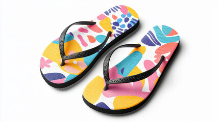 Colorful flip flops with vibrant abstract design featuring various shapes and patterns. Perfect for summer and beach activities, these sandals