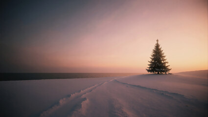 Winter sunset over a snowy landscape with a lone tree