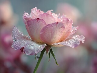Soft focus closeup of a vibrant pink rose adorned with glistening dew drops, set against a dreamy, blurred light background, creating an ethereal ambiance