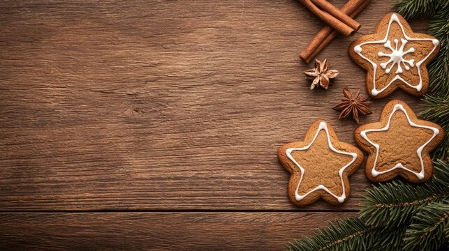 A collection of baked goods, spices, and ornaments is displayed creatively on a wooden background, creating a warm holiday atmosphere