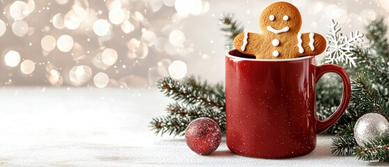 Gingerbread cookie sits inside a red mug with festive decorations and cookies nearby, creating a cozy holiday scene