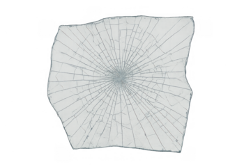 Broken glass pane with radial cracks and impact point, shattered transparent surface, damage and destruction concept