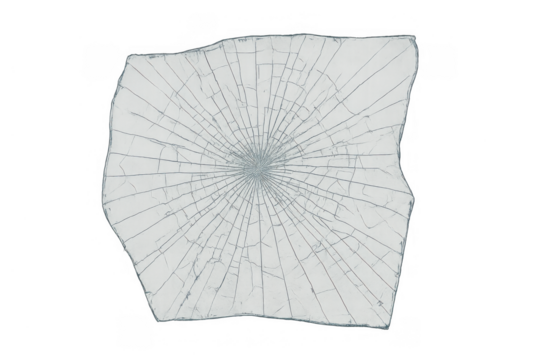Broken glass pane with radial cracks and impact point, shattered transparent surface, damage and destruction concept