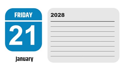 January 21, 2028: Animated 2026 planner showcasing January calendar, highlighting January 21st with space for tasks, notes, and to-do lists.