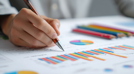 Pessoa simula anotar em gráfico com indicadores estatísticos, representando análise, estudo e organização de informações