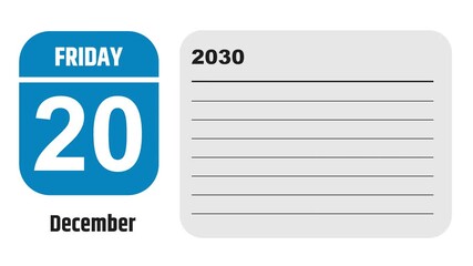 December 20, 2030: Animated 2028 planner showcasing December calendar, highlighting December 20th with space for tasks, notes, and to-do lists.