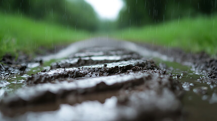 Close-up of a muddy trail on a rainy day, nature's canvas painted with rain and earth. The path ahead, blurred yet inviting, whispers of adventures in nature.