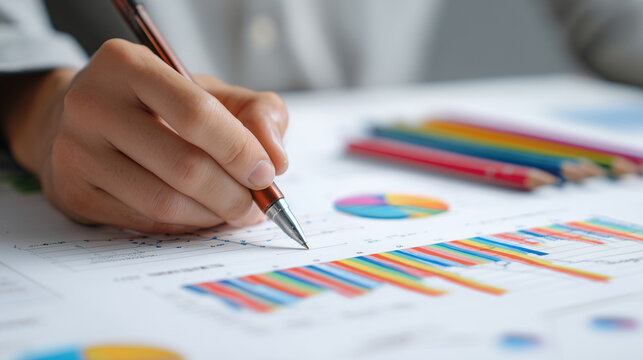 Pessoa simula anotar em gr&aacute;fico com indicadores estat&iacute;sticos, representando an&aacute;lise, estudo e organiza&ccedil;&atilde;o de informa&ccedil;&otilde;es