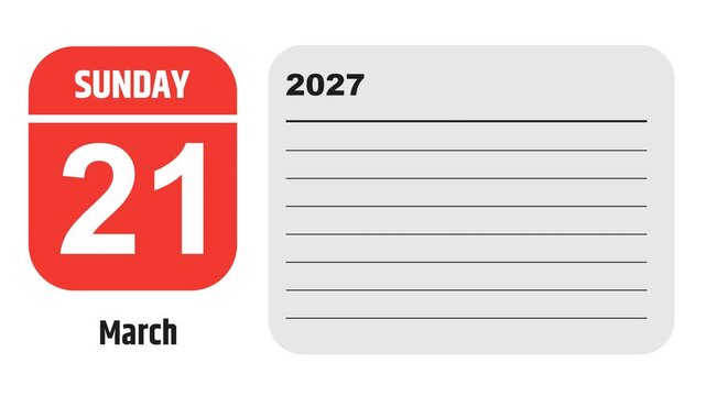 March 21, 2027: Animated 2026 planner showcasing March calendar, highlighting March 21st with space for tasks, notes, and to-do lists.