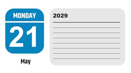 May 21, 2029: Animated 2027 planner showcasing May calendar, highlighting May 21st with space for tasks, notes, and to-do lists.