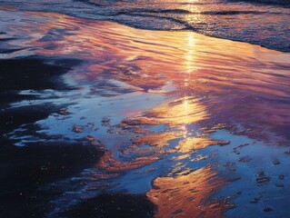 Intricate reflections of sunset light on wet beach sand, ocean waves creating dynamic patterns of blue, orange, and pink colors, abstract nature artwork