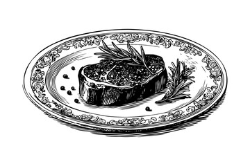 Grilled steak with rosemary and peppercorns on decorated plate in hand-drawn engraving style on white background, concept of gourmet cuisine