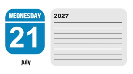 July 21, 2027: Animated 2030 planner showcasing July calendar, highlighting July 21st with space for tasks, notes, and to-do lists.