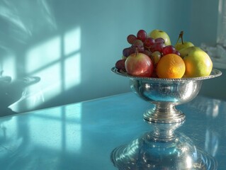 Still life, mixed fresh fruit in silver pedestal bowl, red apples, oranges, grapes, light green background, window shadow reflections