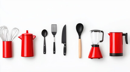 Collection of red kitchen utensils and appliances arranged neatly including whisk pot spoon spatula knife blender and kettle creating vibrant