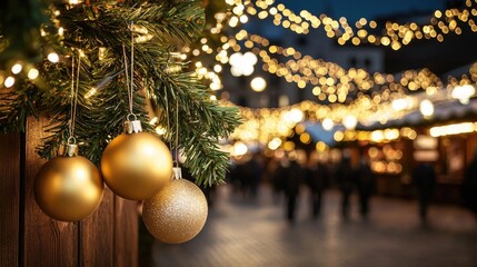 Obraz premium People stroll through a festive market filled with lights, enjoying the holiday atmosphere near a beautifully decorated Christmas tree