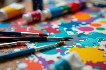 Obraz premium Creative Chaos: Vibrant Paintbrushes and Tubes of Paint on an Artist's Cluttered Table