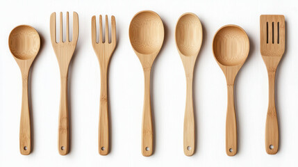 Bamboo kitchen utensils arranged in flat lay, showcasing various types including spoons and forks, emphasizing eco friendly materials and design