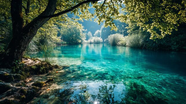 Turquoise lakes at Plitvice National Park Croatia Dramatic sunlight and vintage tones