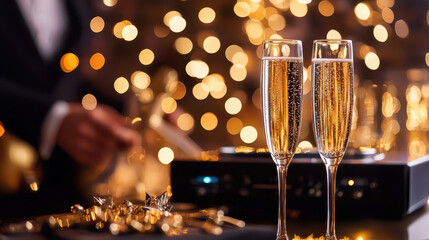 Elegant champagne flutes filled with sparkling drink, festive atmosphere with golden bokeh lights, perfect for celebrations and special occasions