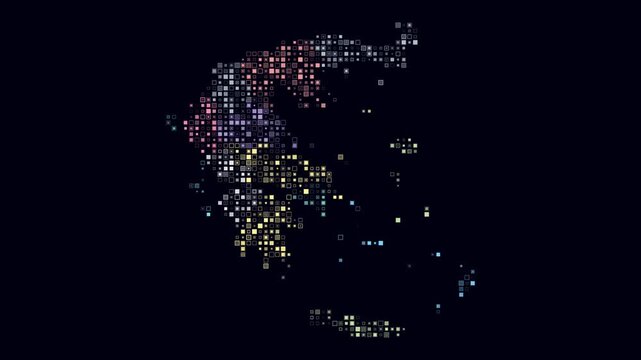 Greece map animation. Shape of the country with pulsating colored dots. Small size square blocks. Digital style Greece map on dark background. Awesome video.