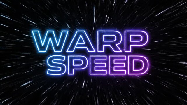 Abstract text warp speed effect glowing neon lights on black background futuristic design