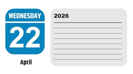 April 22, 2026: Animated 2030 planner showcasing April calendar, highlighting April 22nd with space for tasks, notes, and to-do lists.