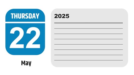May 22, 2025: Animated 2029 planner showcasing May calendar, highlighting May 22nd with space for tasks, notes, and to-do lists.