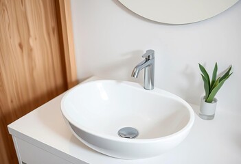 Sleek, minimalist white ceramic bathroom sink with chrome faucet, hardware, sink