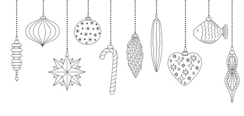 Christmas tree baubles heart, star, fish hang on strings, festive holiday template outline hand drawn illustration, decorative elements for card, poster, banner, Merry Christmas, New Year concept